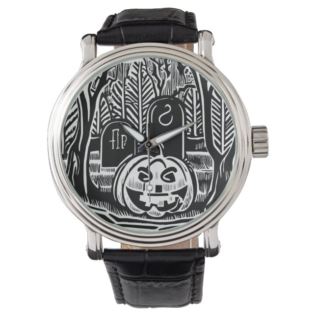Cool Svart Vit Halloween Pumpa Kyrkogård Konst Armbandsur (Framsida)