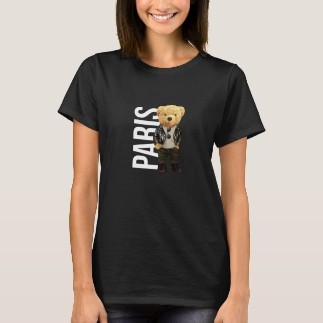 Cool Teddy Bear Boy Paris Style Illustration Graph T Shirt (Framsida)
