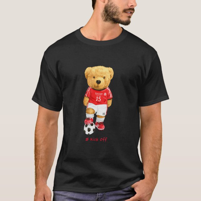 Cool Teddy Bear Soccer Kick Off Style Illustration T Shirt (Framsida)