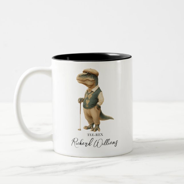 Cool Tee-Rex Golfare Dinosaur Signatur Namn Två-Tonad Mugg (Vänster)