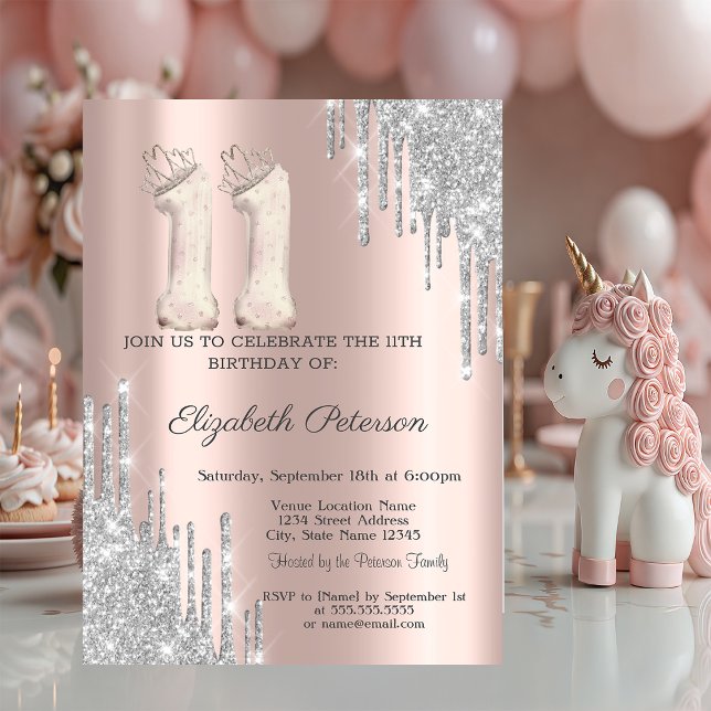 Cool Tiara Silver Drips Rose Gold 11th Birthday Inbjudningar (Skapare uppladdad)