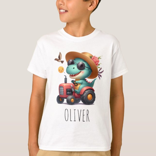 Cool Trex Dinosaur Odlaren Kör Röda Traktor  T Shirt (Framsida)