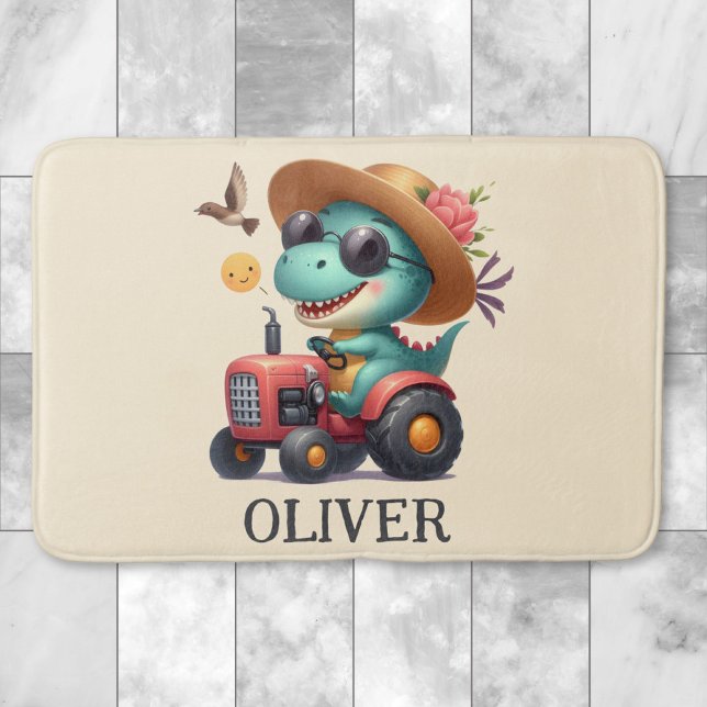 Cool Trex Dinosaurbonde kör röd traktor  Badrumsmatta (Skapare uppladdad)