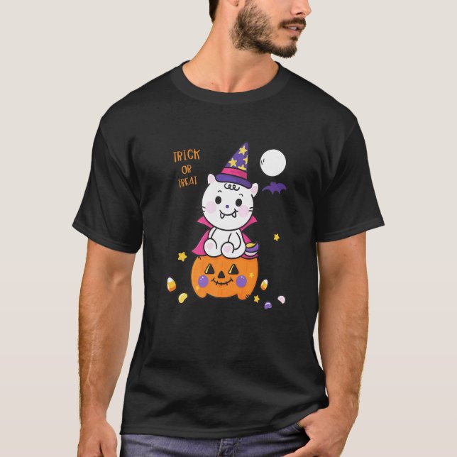 Cool Trick Or Treat Funny Halloween Cat Witch Grap T Shirt (Framsida)