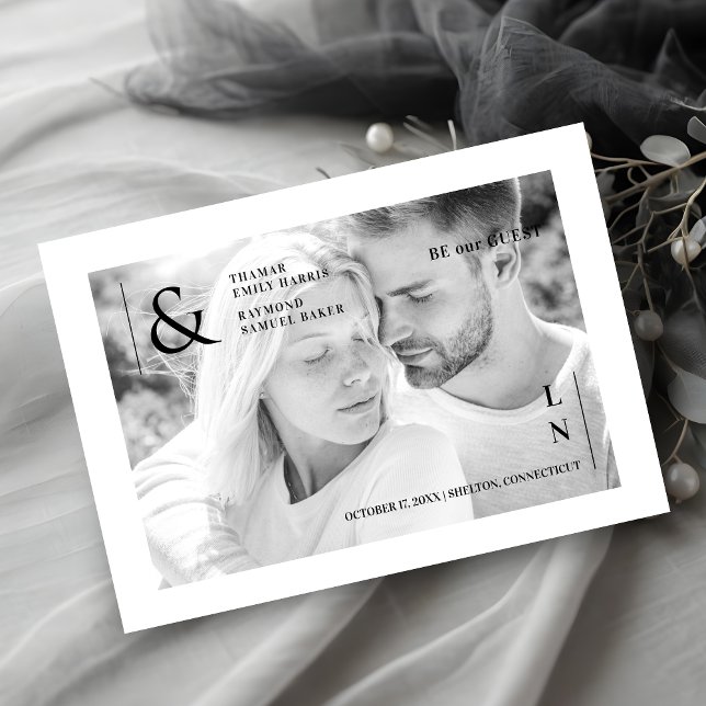 Cool Ultra Modern Trendy Black and White Photo  Spara Datumet (Cool Ultra Modern Trendy Black and White Photo Save the Date with Envelope and QR Code.)