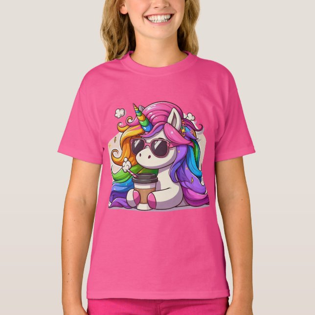 Cool Unicorn with Sunglasses and Coffee T Shirt (Framsida)