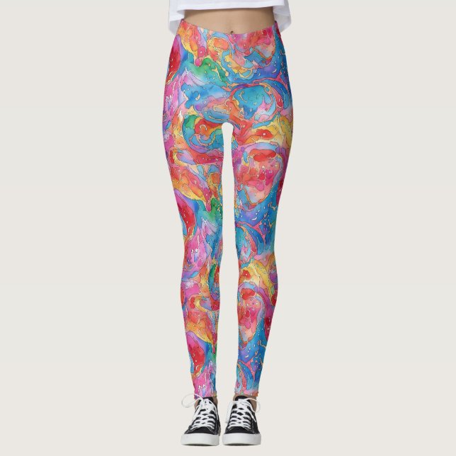 Cool Unik Röd Blå Färgrik Regnbåge Akvarell   Leggings (Framsida)