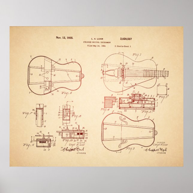 Cool Vintage Akustisk Gitarr Patent Konst Poster (Framsidan)