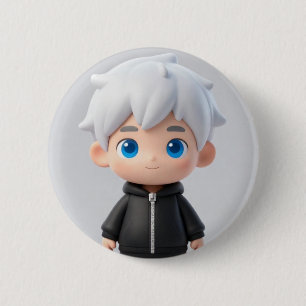 Cool Vit Hår Chibi Pojke Blå Ögon Streetwear Acc Knapp