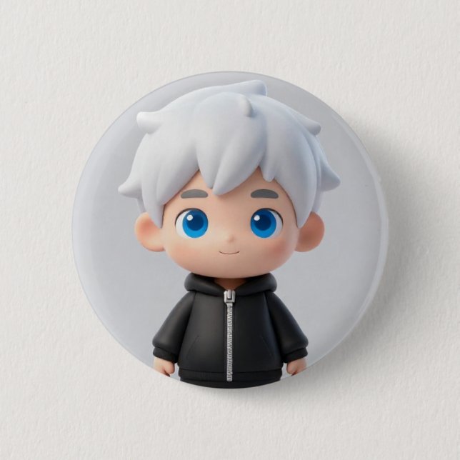 Cool Vit Hår Chibi Pojke Blå Ögon Streetwear Acc Knapp (Framsida)