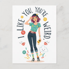Cool Weird Girl Illustration I Like You Quirky Vykort