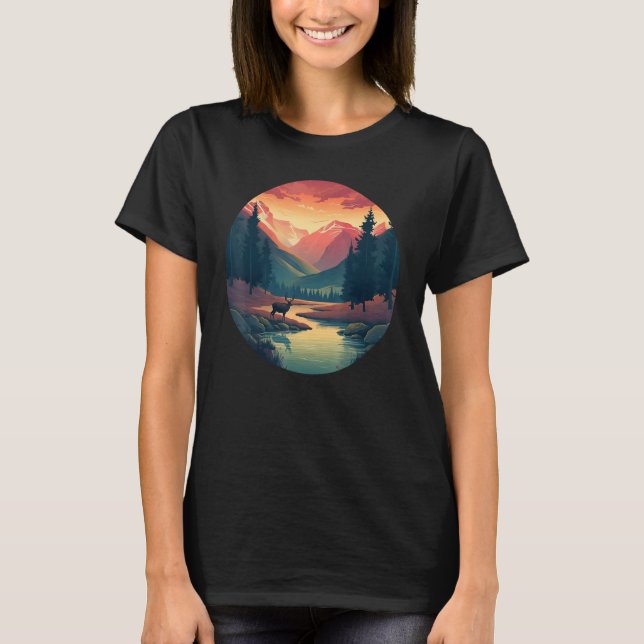 Cool wilderness National Park with Deer for hiking T Shirt (Framsida)