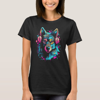 Cool Wolf Colorful Dj Headphones Music for Wolf Fa T Shirt