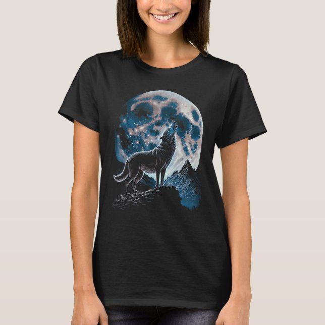 Cool Wolf Howling At The Moon - Wolf Lover T Shirt (Framsida)