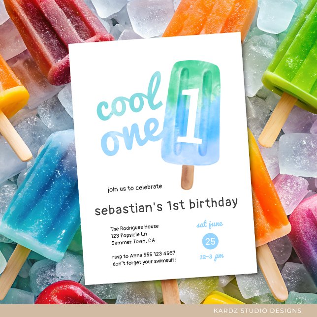 Coola 1 Popsicle Boy 1:a födelsedag Inbjudningar (Invite shown in 5 x 7 inches, choose size, paper and corner style. Buy print or digital invitations.)