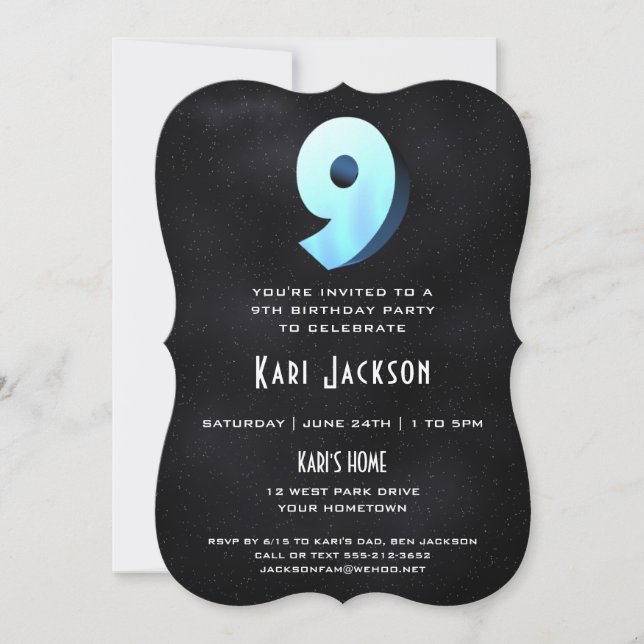 Coola 3D på svart 9 Födelsedagsfest inbjudan (Framsida)