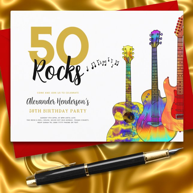 Coola 50 sten gitarr 50:e födelsedagsfesten inbjudan vykort (Rock and roll guitar 50 rocks 50th birthday party invitation with funky colorful guitars)