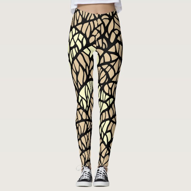 Coola Abstrakt Geometric Beige Black Linjer Mönste Leggings (Framsida)