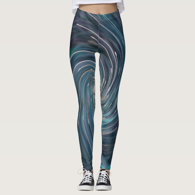 Coola Abstrakt Retro Black och Teal Cosmic Swirl Leggings (Framsida)