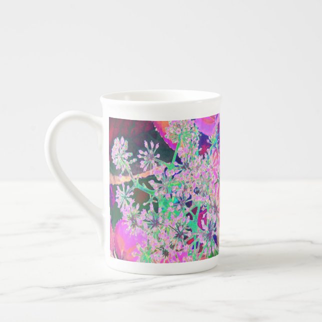 Coola Abstrakt Retro Natur i Rosa och Lime Green Benporslin Mugg (Vänster)