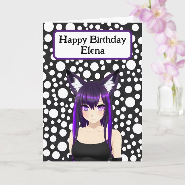 Coola Anime Girl med Lila Hair och Ögon Birthday Kort (Orkide)