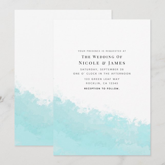 Coola Aqua Blue Wave Stänk Beach Wedding Inbjudningar (Fram/baksida)