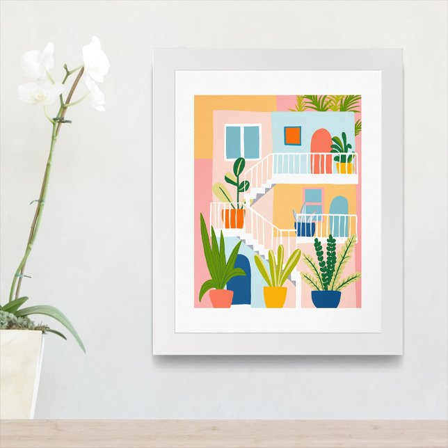Coola Art för färgstarka tropiska fack Poster (Colorful Tropical Apartment Building architecture Illustration Art Poster
)