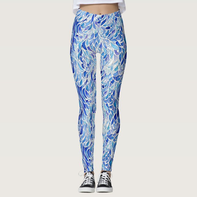 Coola Artsy Blue Abstrakt Wave Feather Watercolor Leggings (Framsida)