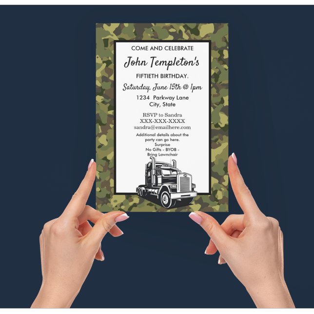 Coola av förarens Camo Lastbil- med tåligt fel Inbjudningar (Truck driver camouflage birthday invitation. Customize for any age.)