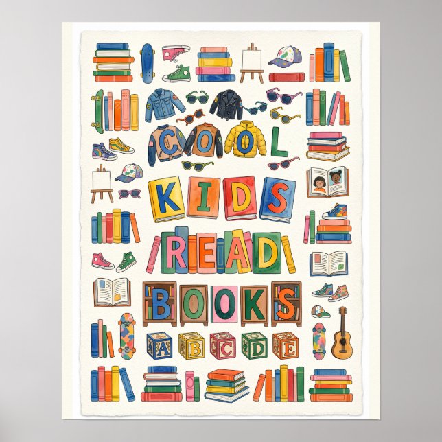 Coola Barn Läs Böcker Vattenfärg Poster (Framsidan)