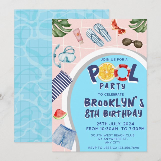 Coola Bassäng Party födelsedag Inbjudningar (Fram/baksida)