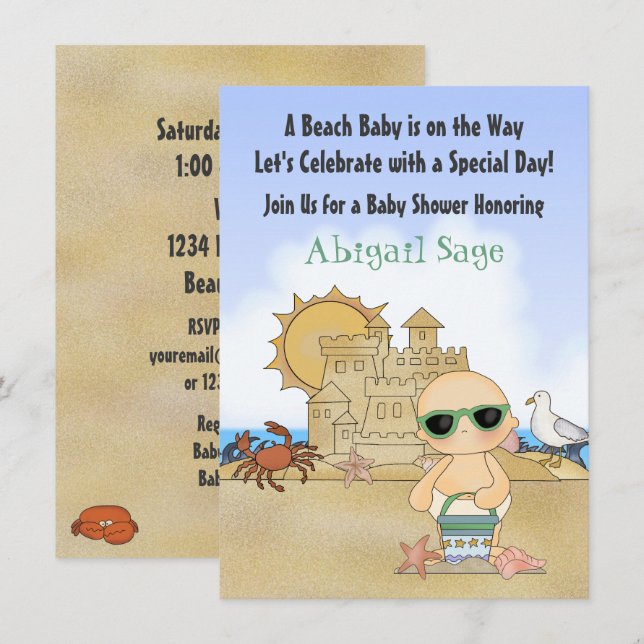 Coola Beach Baby i Sandcastle Neutralt Baby Shower Inbjudningar (Fram/baksida)