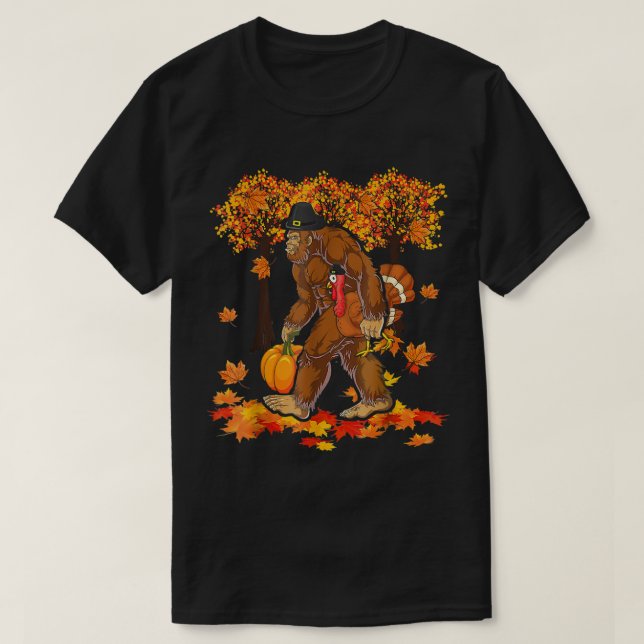 Coola Bigfoot Holding Pumpkin och Turkiet Thanksgi T Shirt (Design framsida)