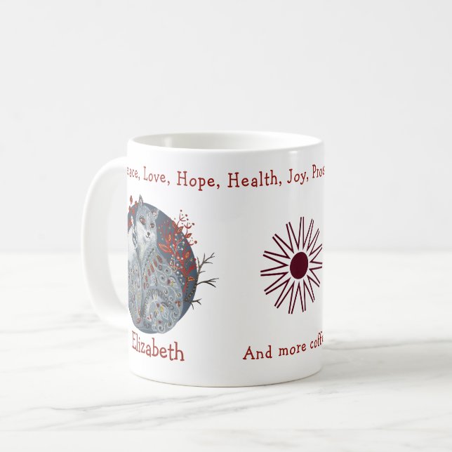 Coola Blå Polar Fox, Blommigt Bakgrund. vacker Kaffemugg (Framsida vänster)