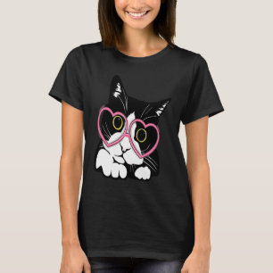 Coola Black Cat Kitten Red Heart Glasses Lycklig v T Shirt