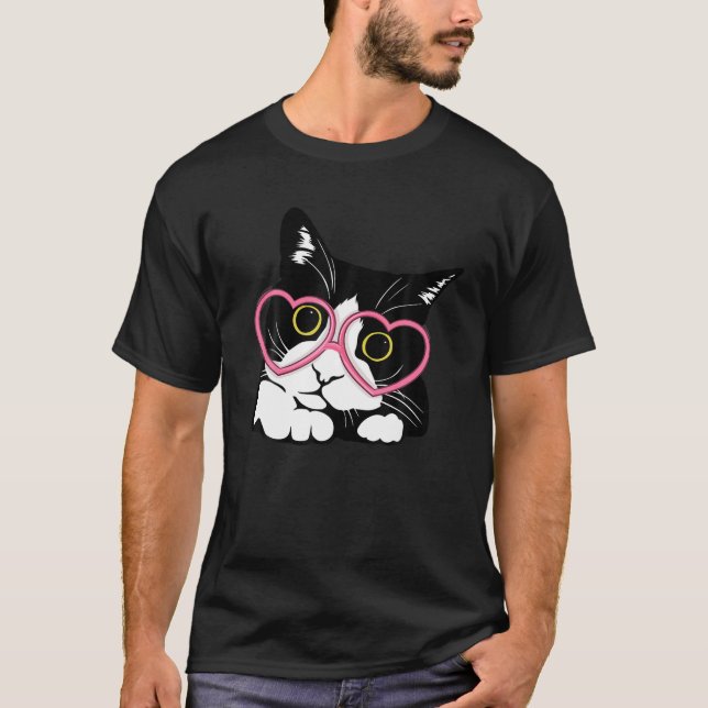 Coola Black Cat Kitten Red Heart Glasses Lycklig v T Shirt (Framsida)
