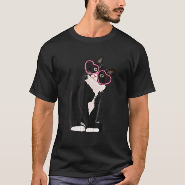 Coola Black Cat Kitten Red Heart Glasses Lycklig v T Shirt (Framsida)