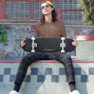 Coola Black Checkered Mönster Guld Monogram Mini Skateboard Bräda 18,5 Cm