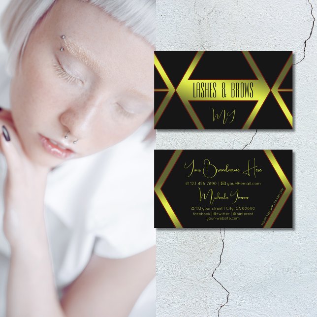 Coola Black Geometric Gult Shimmer med Monogram Visitkort (Skapare uppladdad)