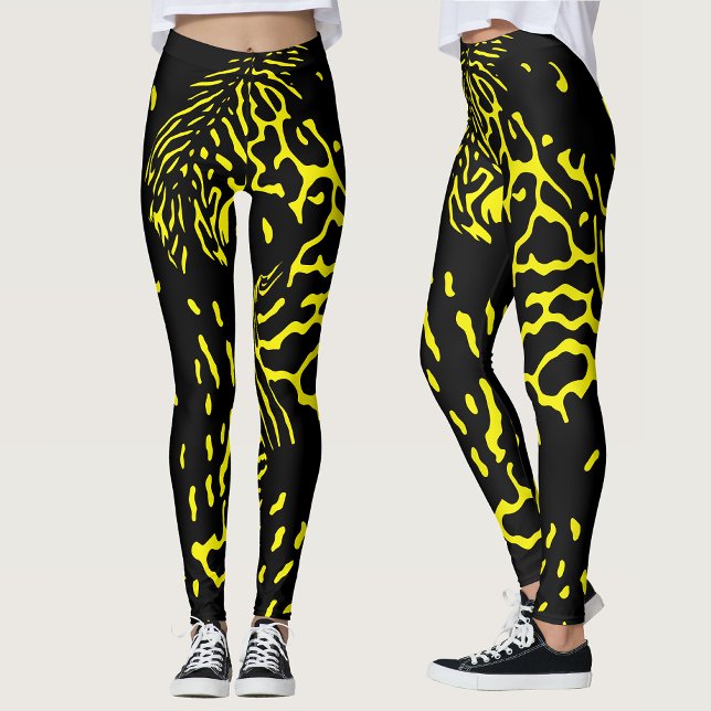 Coola Black Gult Abstrakt Animal Print Mönster Leggings (Skapare uppladdad)