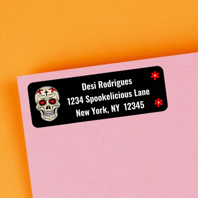 Coola Black Muertos Sugar Skull med blommor Returadress Etikett (Skapare uppladdad)