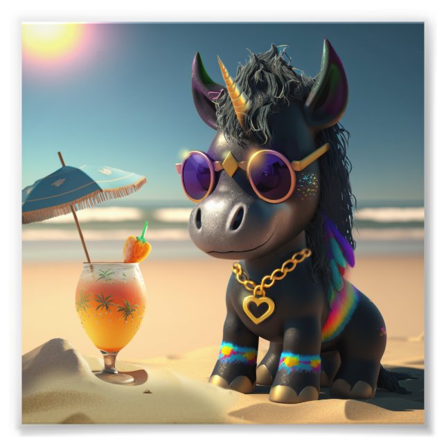 coola Black Unicorn på stranden T-Shirt Fototryck (Framsidan)