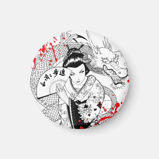 Coola Blod splatter geisha med fläkt dragontatueri Magnet (Framsidan)