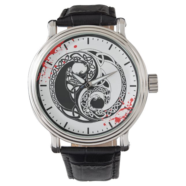 Coola blodstänk Yin Yang Dragons tatuering art Armbandsur (Framsida)