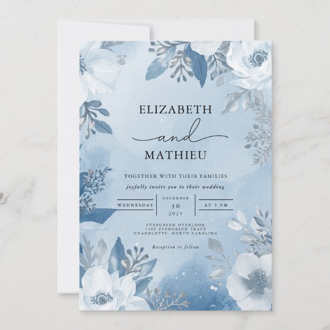 Coola Blue Frost Blommigt Winter Wedding Inbjudningar (Framsida)