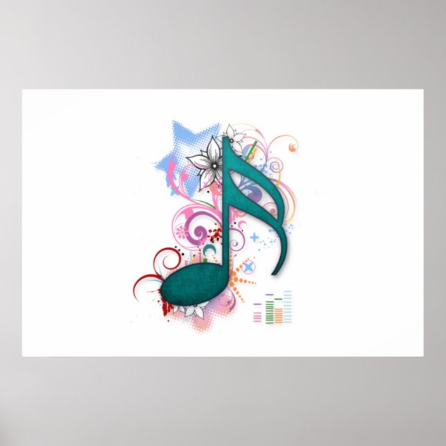Coola Blue grunge Music Note stjärnor blommor snur Poster (Framsidan)