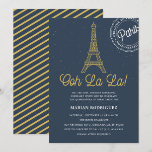 Coola Blue Guld Eiffel Torn Paris Quinceañera Inbjudningar