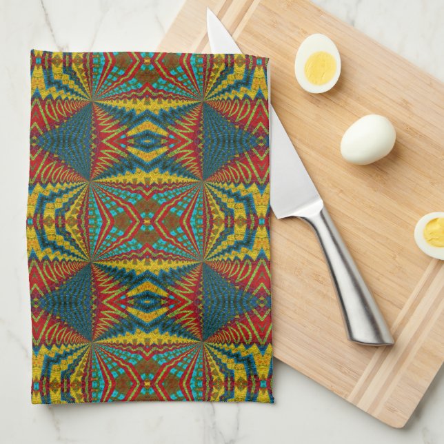 Coola Blue Red Gult Retro Geometric Ethnic Tribal Kökshandduk (Vikt i Fjärdedel)