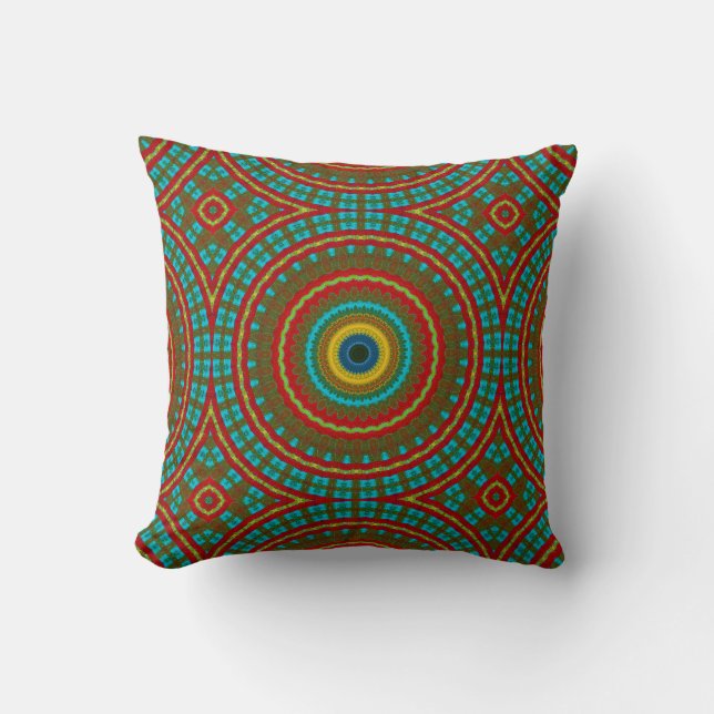 Coola Blue Red Gult Retro Geometric Ethnic Tribal Kudde (Framsida)