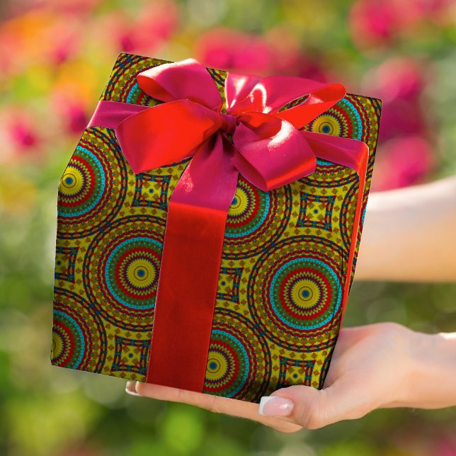 Coola Blue Red Gult Retro Geometric Ethnic Tribal Presentpapper (Skapare uppladdad)